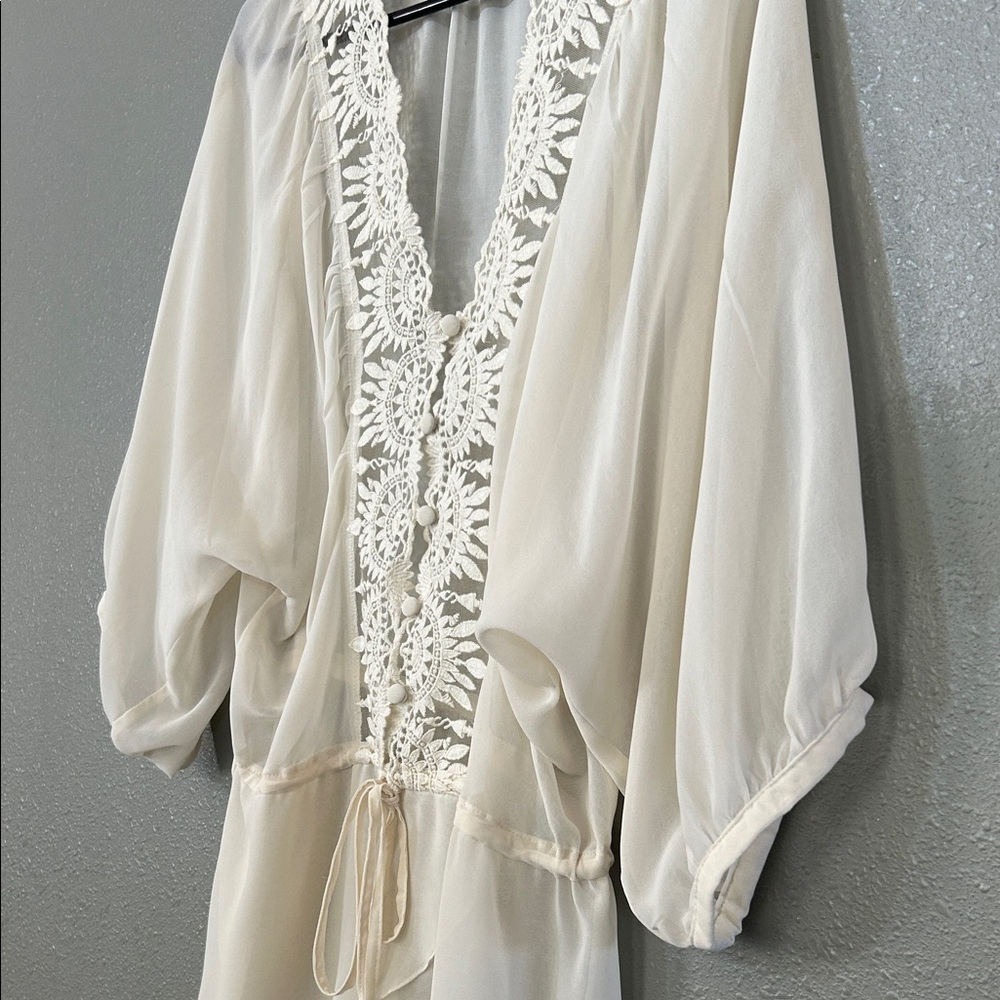 Sheer Embroidered V-Neck Tie-Waist Top - Ivory - Picture 7 of 10